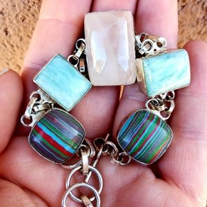 New Rose Quartz, Amazonite, Calsilica 925 Bracelet.
